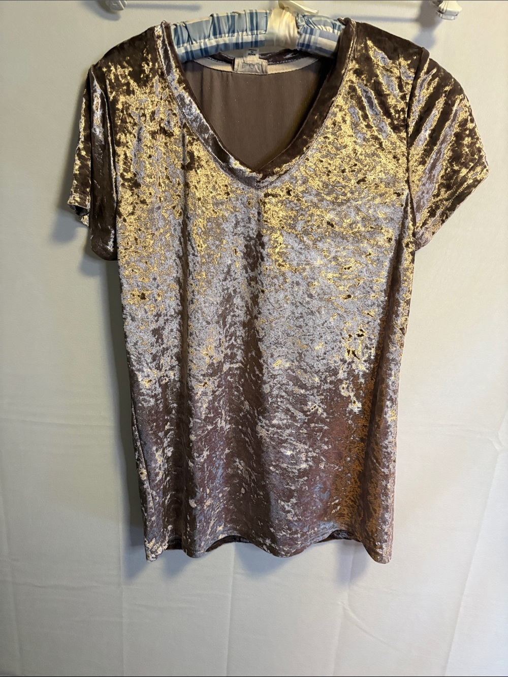 POL Crushed Velvet V-Neck Short Sleeve Top - Taupe